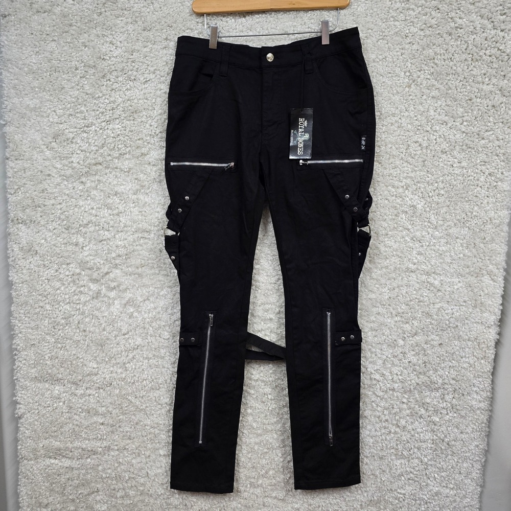 Royal Bones Bondage Jeans Mens 34 Black‎ Zipper Strap Goth Punk Alternative